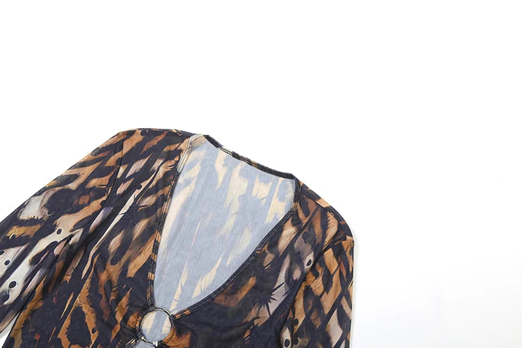 Butterfly Print Metal Ring Hollow Low-Neck Dress