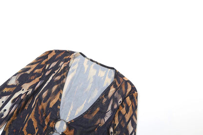 Butterfly Print Metal Ring Hollow Low-Neck Dress