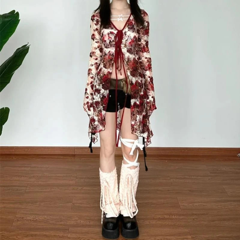 Elegant Flare Sleeve Flower Blouse