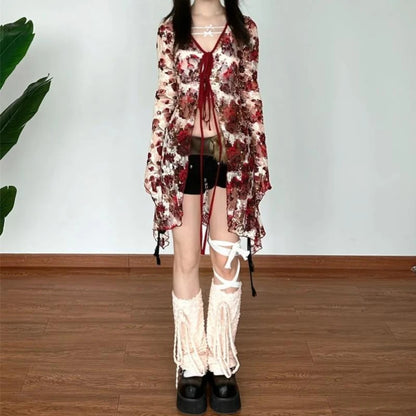 Elegant Flare Sleeve Flower Blouse