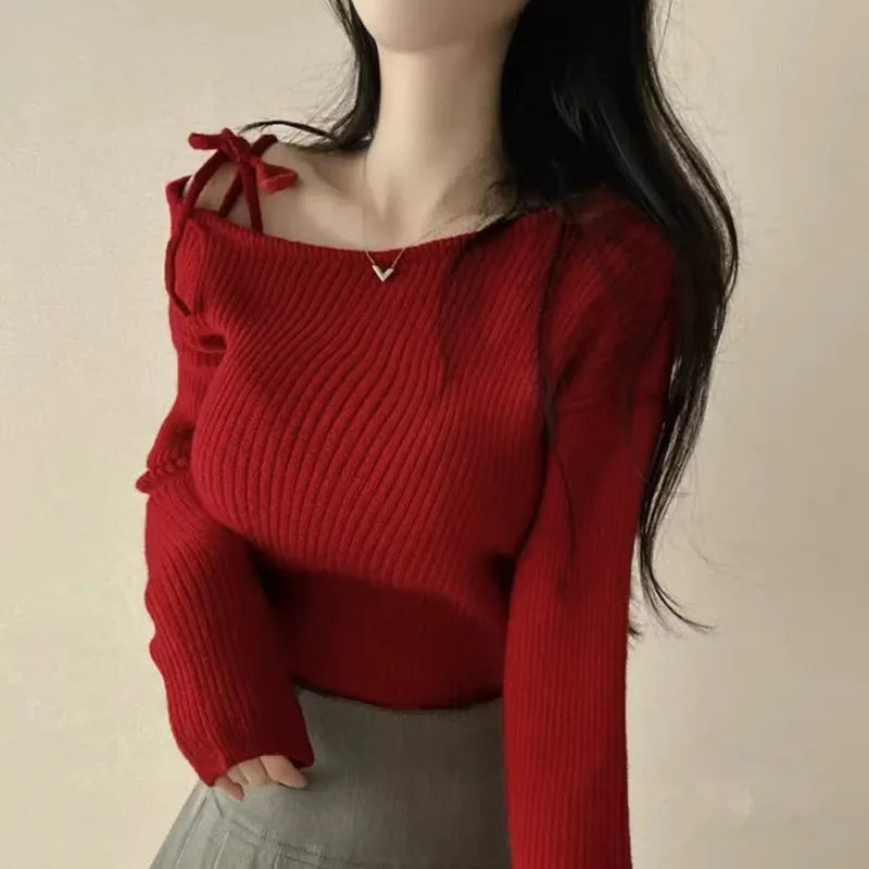 Off-Shoulder Sweater with Adjustable Lace-Up Strap