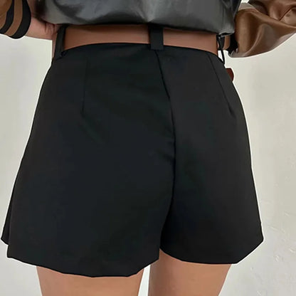 Retro Solid Color High Waist Pleated Mini Skirt W/ Belt