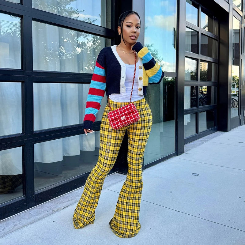Plaid Print Casual Flared Pants