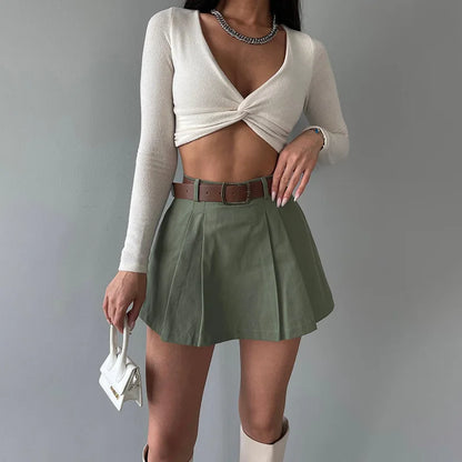 Retro Solid Color High Waist Pleated Mini Skirt W/ Belt