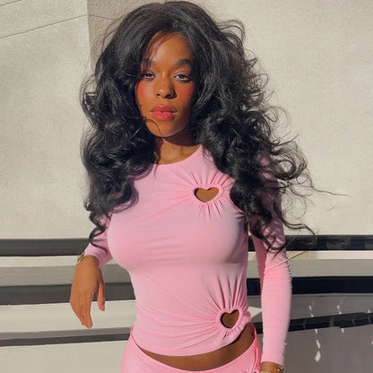 Carina Solid Color Love Hollow Out Long-Sleeve Top