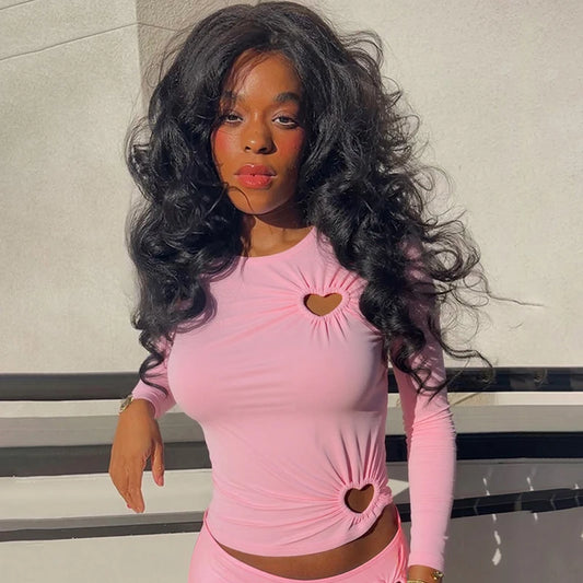 Carina Solid Color Love Hollow Out Long-Sleeve Top