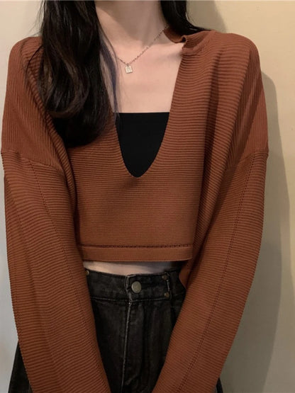 Elegant Casual V Neck Knit Long Sleeve Cropped Sweater