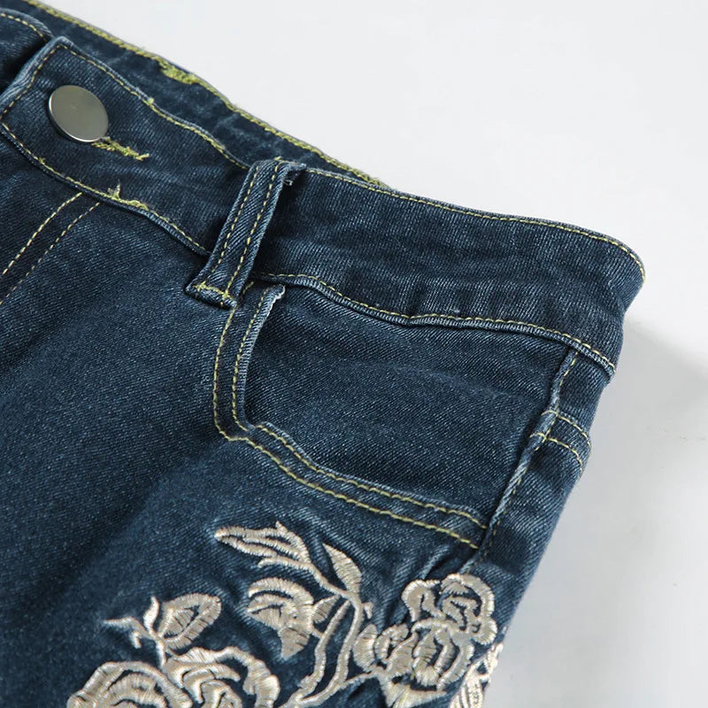Embroidery Low Waist Flare Leg Washed Distressed Jeans