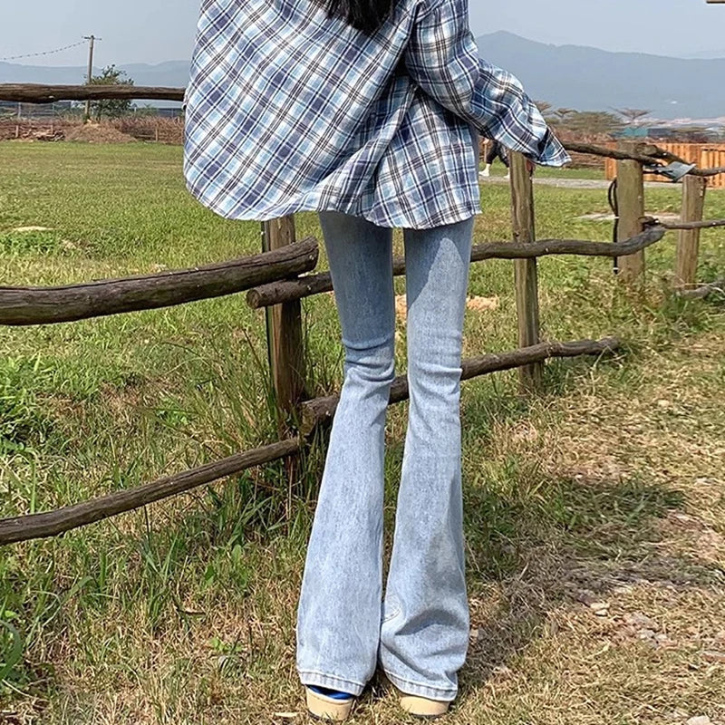 Elastic High Waist Bell Bottom Jeans