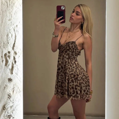 Leopard Print Mesh Spaghetti Strap Deep V Neck Mini Dress