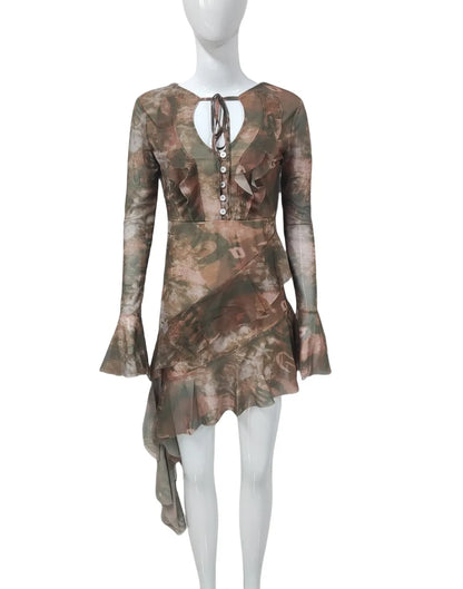 Serena Bell Sleeve Tie Dye Print Mesh Dress