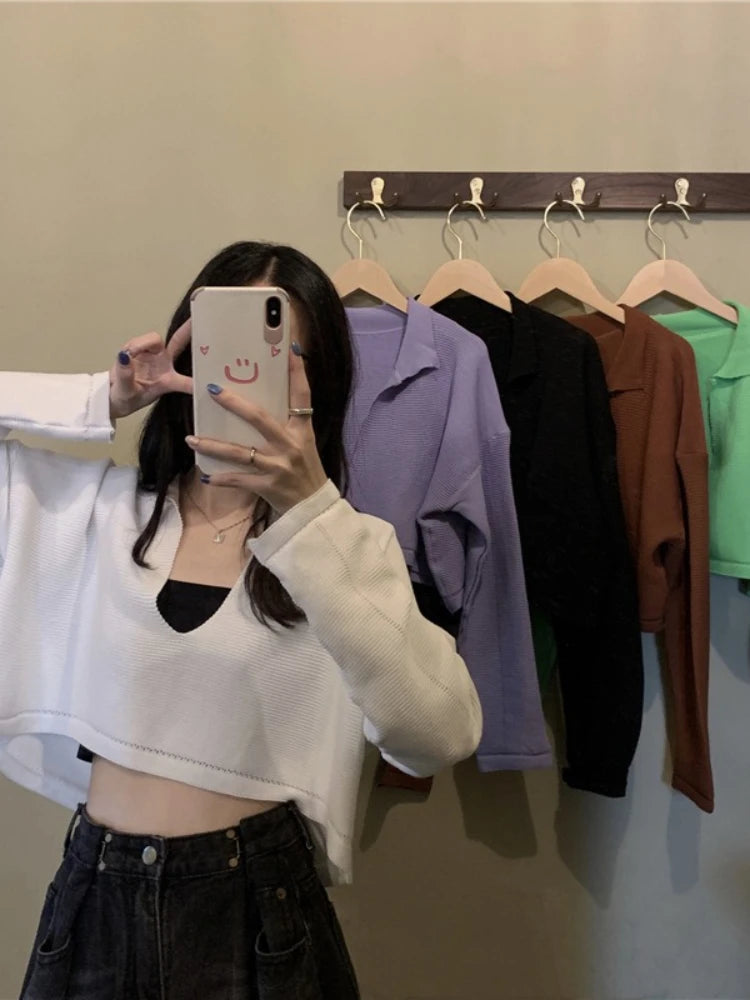 Elegant Casual V Neck Knit Long Sleeve Cropped Sweater