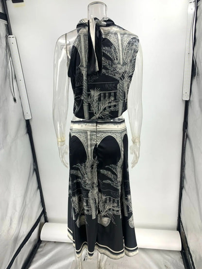 Vintage Print Satin Skirt Two Piece Set