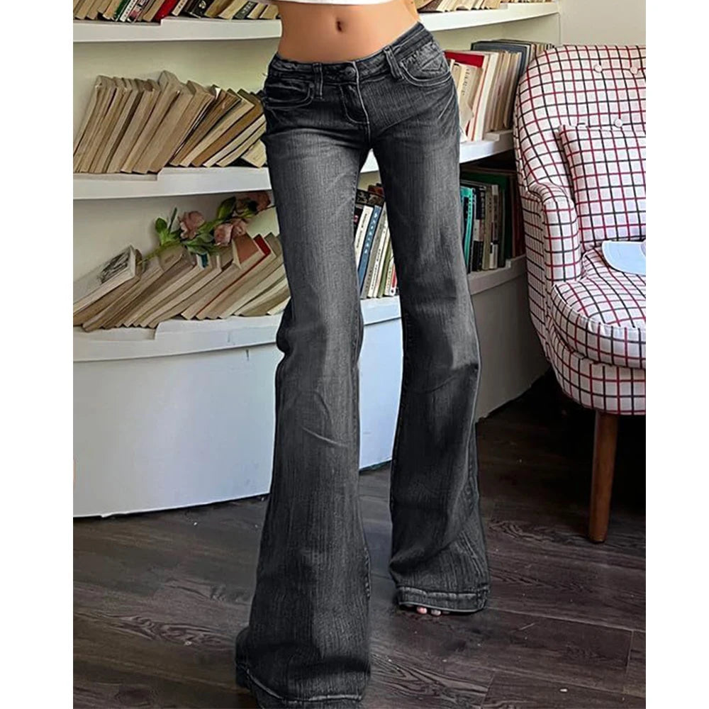 Retro Button-up Low Rise Casual Denim Flared Jeans