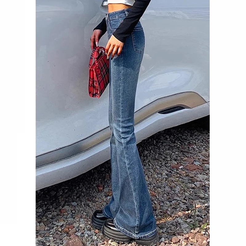 Elastic High Waist Bell Bottom Jeans