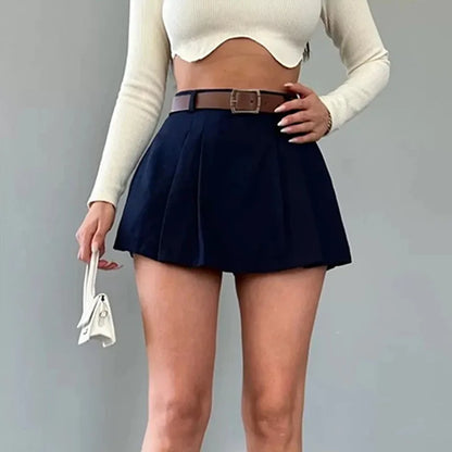 Retro Solid Color High Waist Pleated Mini Skirt W/ Belt