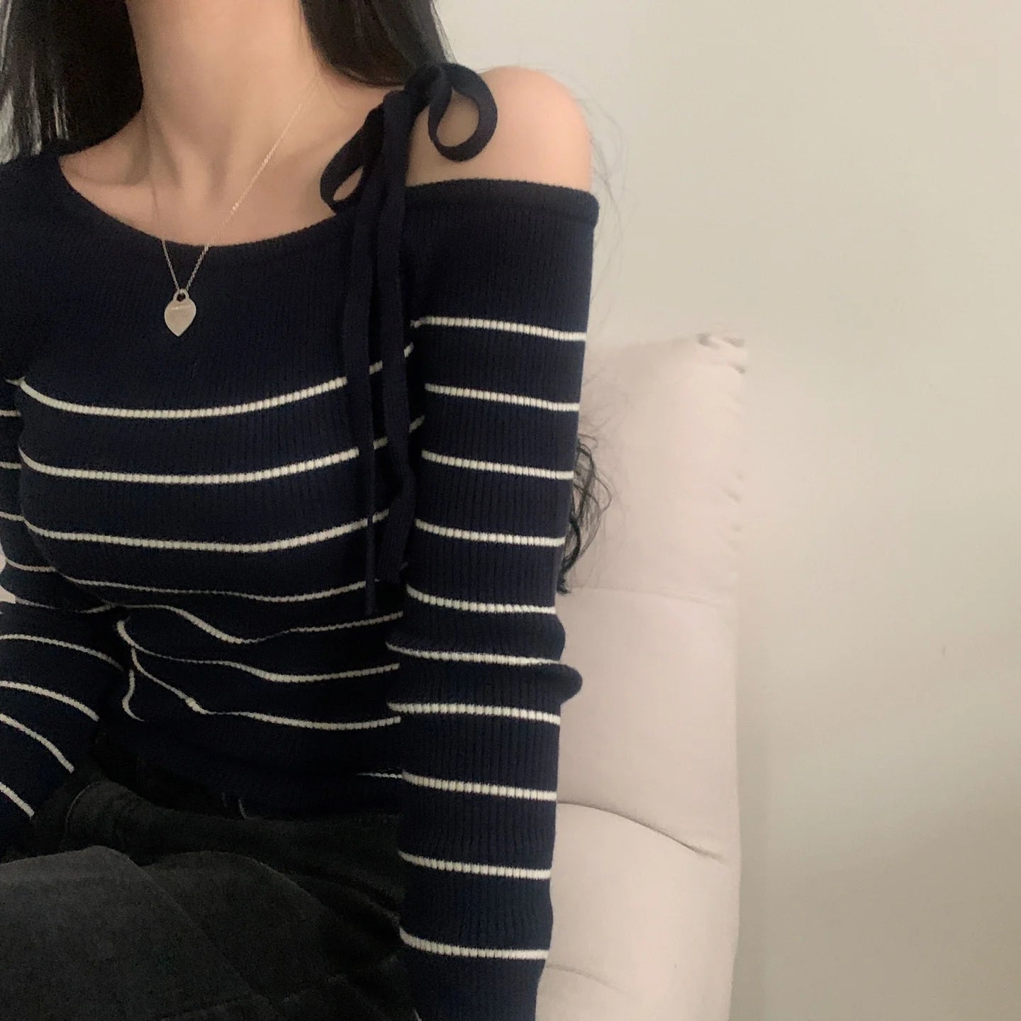 Off-Shoulder Sweater with Adjustable Lace-Up Strap