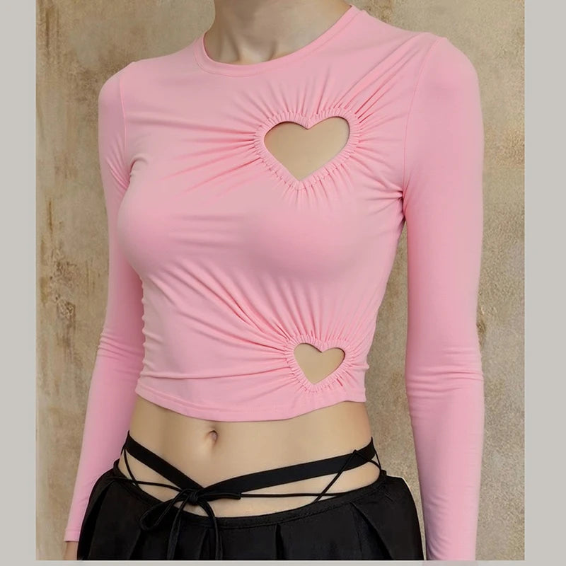 Carina Solid Color Love Hollow Out Long-Sleeve Top