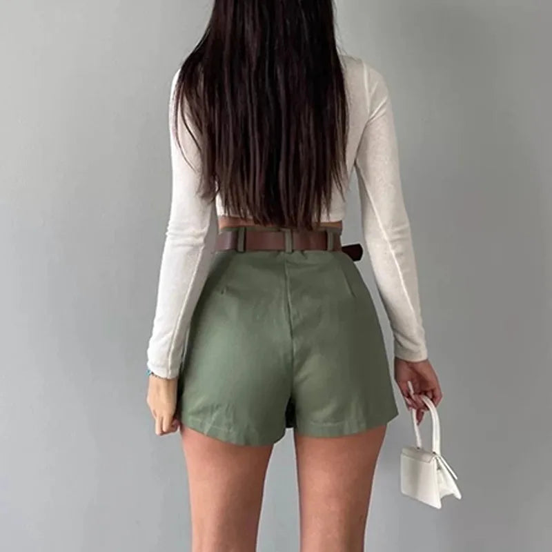 Retro Solid Color High Waist Pleated Mini Skirt W/ Belt