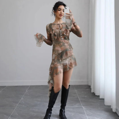 Serena Bell Sleeve Tie Dye Print Mesh Dress