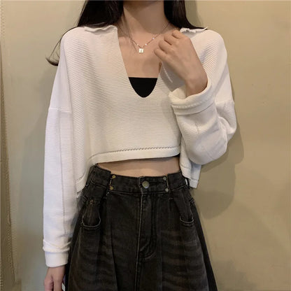 Elegant Casual V Neck Knit Long Sleeve Cropped Sweater