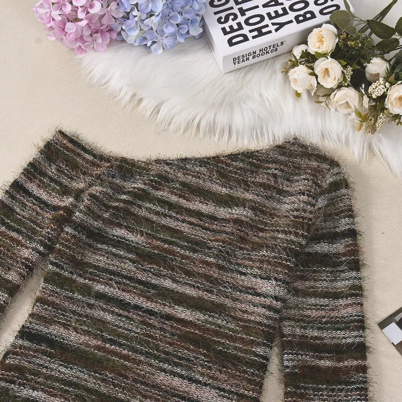 Striped Fall Fashion Knitted Sweater One Shoulder Long Sleeve Dress