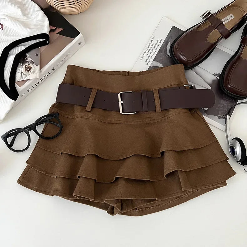 Tiered Ruffle Mini Skirt with Belt