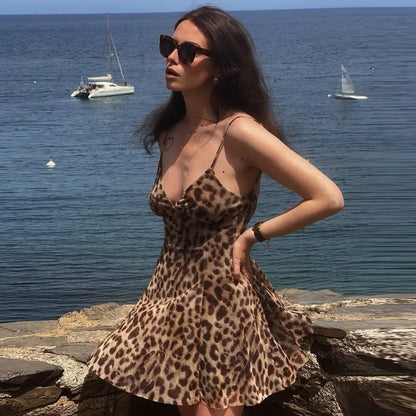 Leopard Print Mesh Spaghetti Strap Deep V Neck Mini Dress