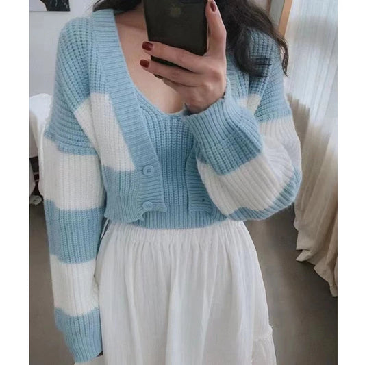 Fashion Stripe Knitted Cardigan Sweater 2 Piece Set