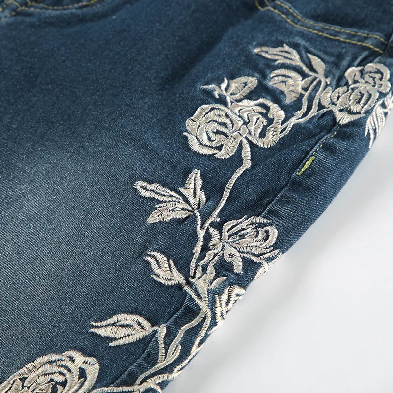 Embroidery Low Waist Flare Leg Washed Distressed Jeans