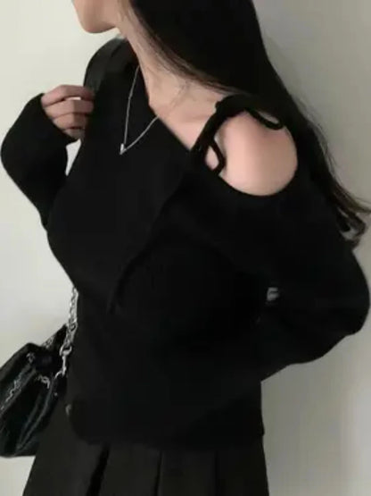 Off-Shoulder Sweater with Adjustable Lace-Up Strap