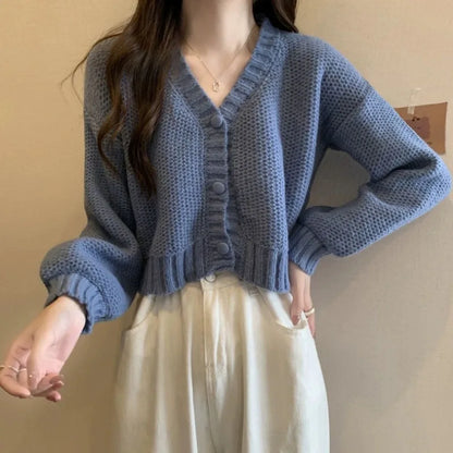 Solid Cropped Knitted Comfortable Soft Single-Breasted Cardigan