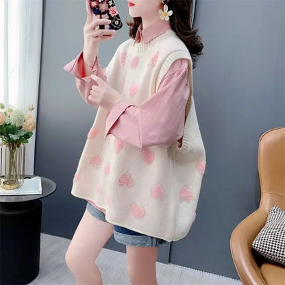 Pink Heart Knitted Oversized Sweater Vest