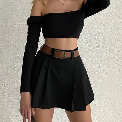 Retro Solid Color High Waist Pleated Mini Skirt W/ Belt