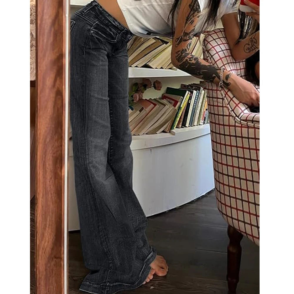 Retro Button-up Low Rise Casual Denim Flared Jeans