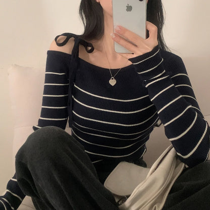 Off-Shoulder Sweater with Adjustable Lace-Up Strap