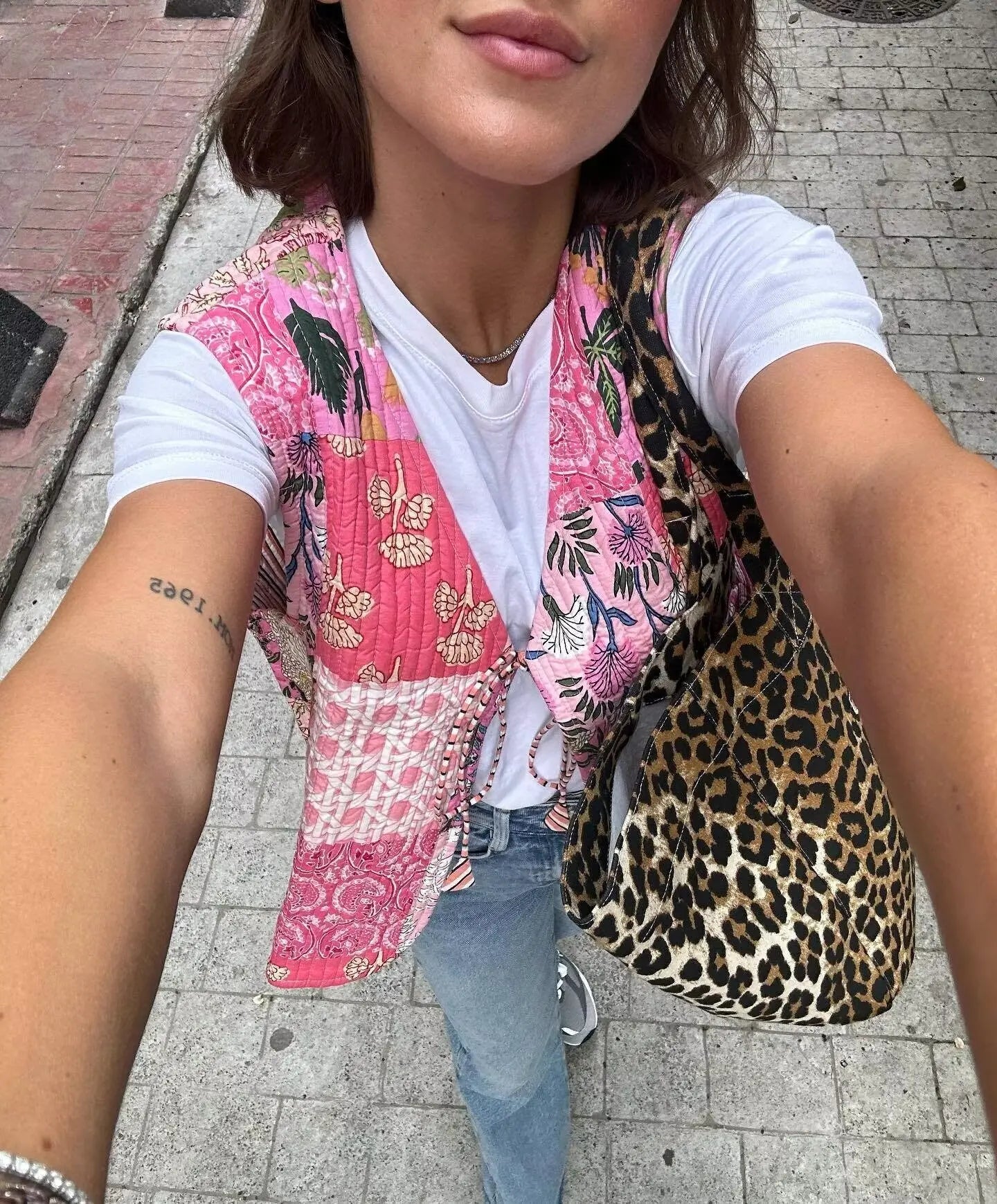 Quilted Lace Up Print Vest