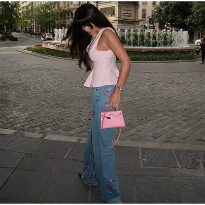 Chic Dazzling Flower Jean Pants