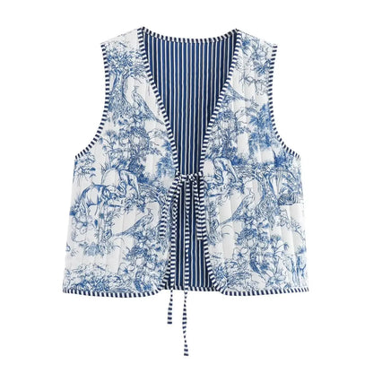 Quilted Lace Up Print Vest