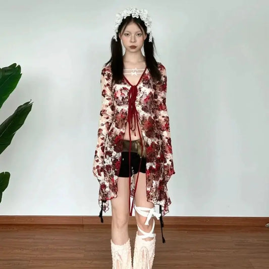 Elegant Flare Sleeve Flower Blouse