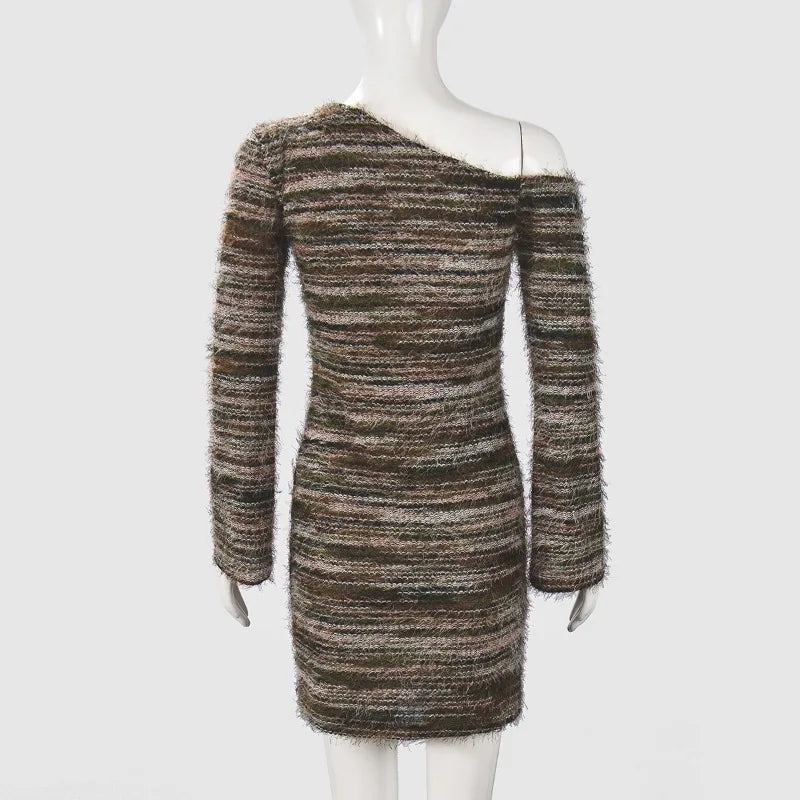 Striped Fall Fashion Knitted Sweater One Shoulder Long Sleeve Dress