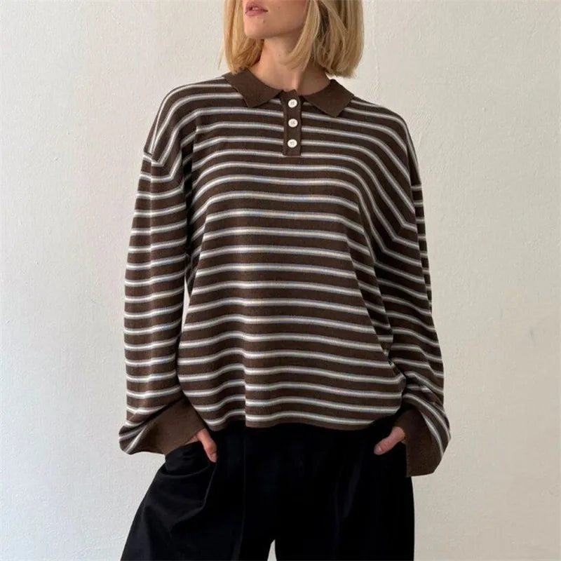 Oversized Striped Collared Long Sleeve Sweater