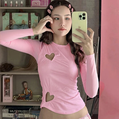 Carina Solid Color Love Hollow Out Long-Sleeve Top