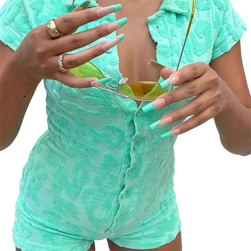 Y2k Short Sleeve Bodycon V-Neck Button Up Furry Romper