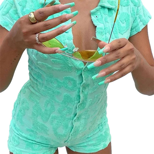 Y2k Short Sleeve Bodycon V-Neck Button Up Furry Romper