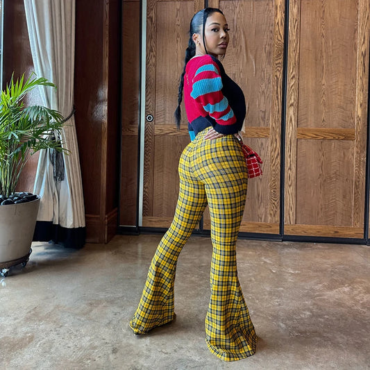 Plaid Print Casual Flared Pants