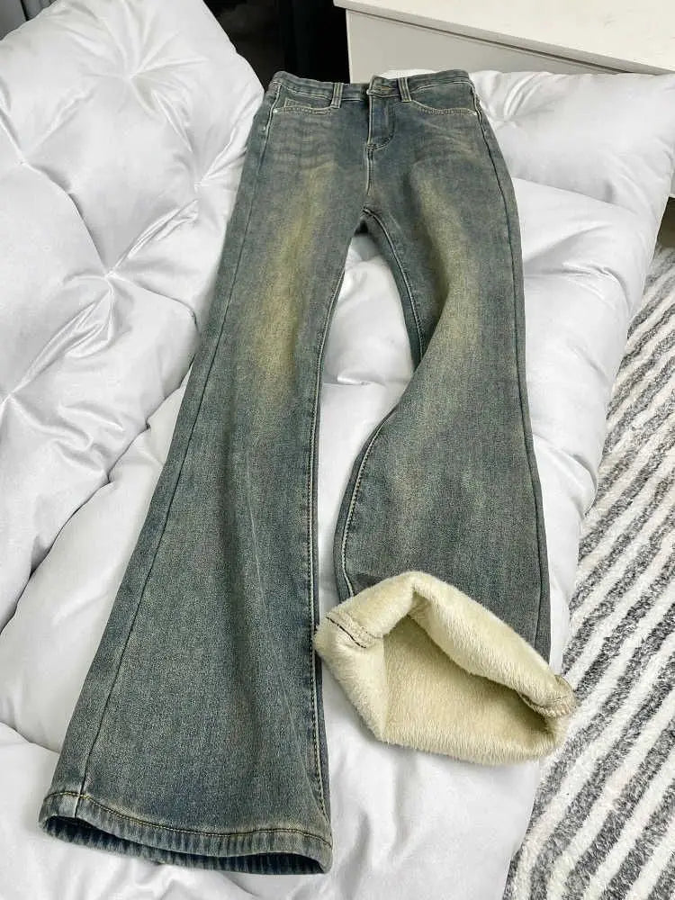 Cozy Fleece Line High Waist  Autumn Warm Comfortable Denim Jeans