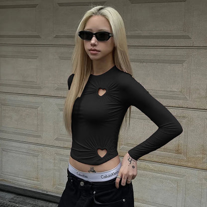 Carina Solid Color Love Hollow Out Long-Sleeve Top
