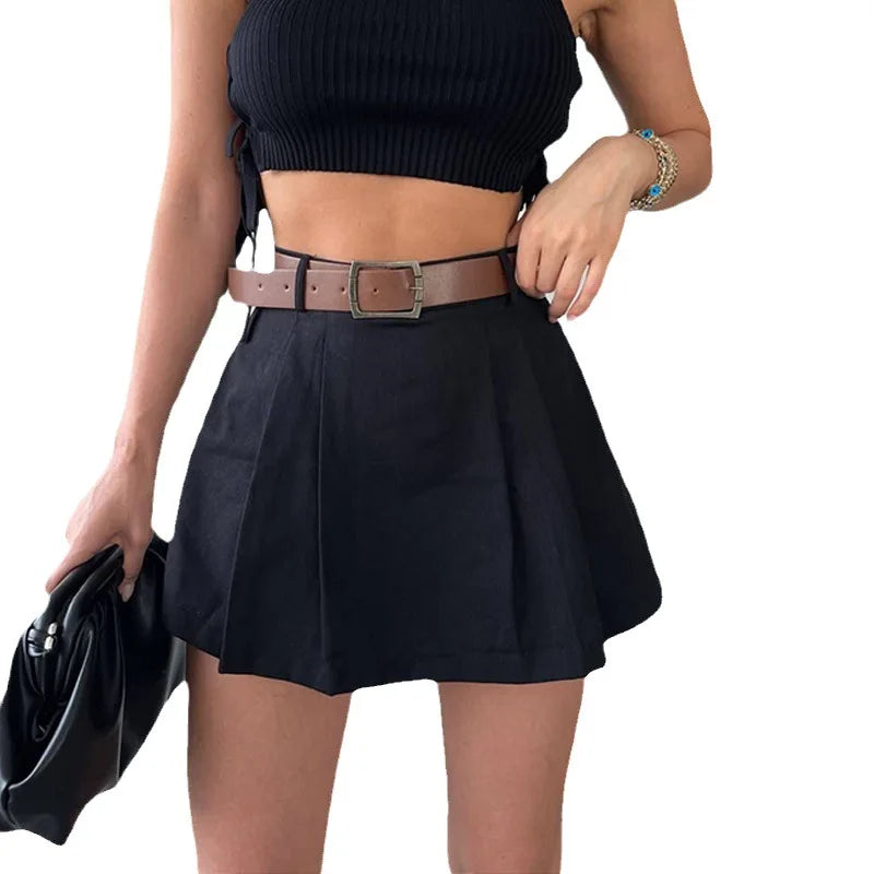 Retro Solid Color High Waist Pleated Mini Skirt W/ Belt
