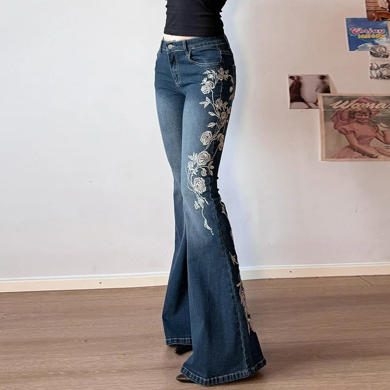 Embroidery Low Waist Flare Leg Washed Distressed Jeans